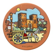 Vintage Mallorca Spain Hand-Painted Ceramic Trivet Plaque Castle Horse Cart 6.75 picture