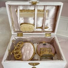 Rare Parisian Chest with Antique Vanity Set 24k gold/ vintage make up/antique picture