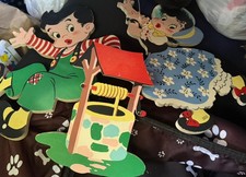 Vintage  Wooden Wall Decor Cutout Lot People & Animals Nursery Jack & Jill picture