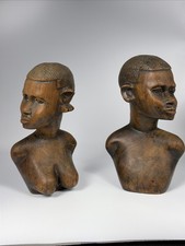 Two Hand Carved African Wood Bust Sculpture Vintage Wood 7 Inches Textured Hair picture