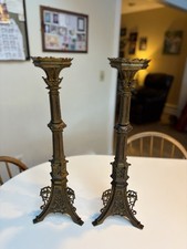 Antique French Neo-Gothic Brass Metal Altar Ecclesiastical Candlestick Holders picture