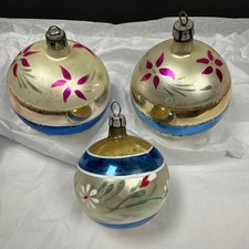 Lot 3 Vtg Mercury Glass Christmas Ornaments Hand Painted Flowers Stripes Poland picture