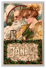 Postcard Near Years John Winsch Father Time Clock Woman Resolutions Hour Glass picture