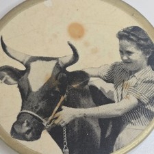 Vintage County Fair Button Girl With Cow Pinback Farm Dairy Farmers Agriculture picture