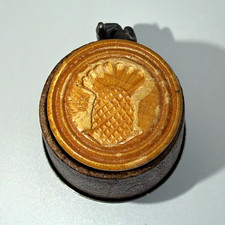 Antique Wooden Butter Mold Plunger Stamp Thistle 19thC Primitive Metal Cup Treen picture