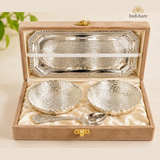 German Silver Bowl Set with 2 Spoons and Tray, Indian Diwali Gift, Velvet Box picture