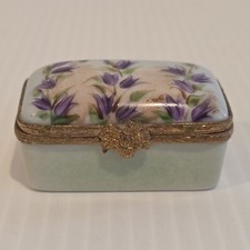VTG Limoges France Hand Painted Trinket Pill Box Peint Main Royal Purple Tulips picture