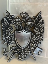Vintage Heraldic Coat of Arms Wall Plaque Silver Tone Double Eagle Medieval Deco picture