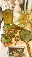 ANTIQUE 1920s ART DECO INLAID GREEN CELLULOID VANITY SET 20 Pcs 2 Photo Frames picture