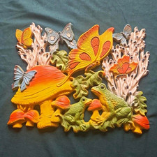 Vintage 1970s Wall Plaque Frogs Mushrooms Butterflies Multicolor picture