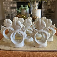 Set of 10 Vintage Ceramic Angel Napkin Rings Gold Trim Wings  Excellent picture