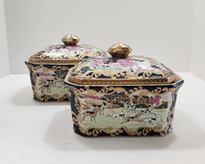 Rare Matching Pair of Vintage Chinese Export Porcelain Fox Hunting Lidded Boxes  picture