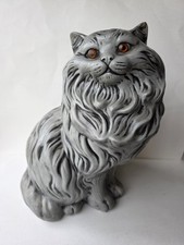Vintage Mid Century Life-Size Ceramic Gray Persian Cat Statue Decor Orange Eyes picture