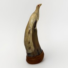 Vintage Hand Carved Horn Peacock Bird Sculpture on Wood Base 10 inch Red Eyes picture