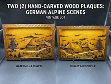 Vintage German Hand Carved Wood Relief Wall Plaques Alpine Chalet Lot of 2 picture
