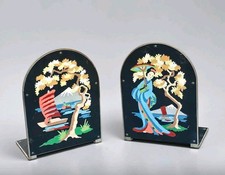 Vintage MCM Paint By Number Toleware Bookends Asian Geisha Mt Fuji Chinoiserie picture