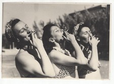 3 Women Smoking Cigarettes Animal Print Bikinis Headscarves c1950s VTG Photo picture