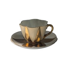 Shelley England Fine Bone China Cream Gold Harlequin Tea Cup & Saucer picture