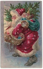 C 1907 RED ROBED SANTA W/ CHRISTMAS TREE & SACK OF TOYS ANTIQUE RARE POSTCARD picture