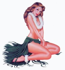 Aloha VERY RARE Hawaiian ISLAND HULA PinUp Girl Lei & Grass Skirt Sticker Decal picture