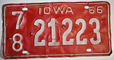 Vintage 1966 Iowa License Plate 78-21223 Red White Metal Auto Tag Authentic picture