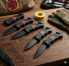 6.25 Inch Fire Fighter Folding Survival Knife W/ Inlay Fire Fighter Emblem, 6PK picture