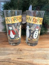Vtg 1998 Debbie Mumm The More The Merrier Penguin Glass Tumblers Christmas Set 2 picture