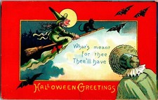 Vintage Ugly Flying Witch in Broom, Black Cat, Bats & Moon Halloween Postcard picture