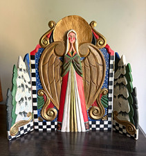 Vtg Midwest Hand Painted Religious Wood Angel Folding Panels Christmas Folk Art picture