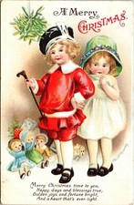 Vintage 1910's Ellen Clapsaddle Victorian Boy & Girl & Toys Christmas Postcard picture