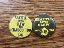 2 Vtg Seattle Slew KJR95 AM Radio Ichabod Caine Pinback Pin Button Washington picture