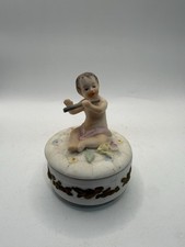 Vintage Lefton Japan Bisque Porcelain Child Flute Trinket Box Applied Flowers * picture