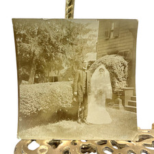 Antique 1900s Bride Groom Wedding Yard Snapshot Photo 3.5x3.5 Sepia Gelatin Orig picture