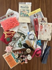 Vintage Sewing Notions Lot Wooden Spools Thread Scissors Zippers Darning Tool picture
