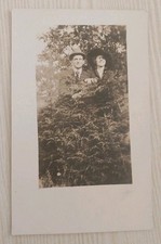 Antique RPPC Postcard 1910s 1920s Fashion Couple Man Woman In Hats Tree Bush VTG picture