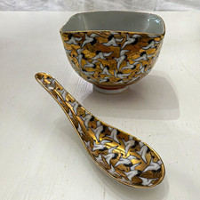 Vintage Japanese Kutani 1000 Cranes Porcelain Bowl & Spoon Set 24K Gold PERFECT picture