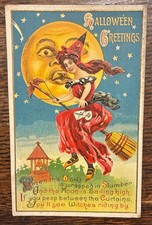 Antique Halloween Greetings Witch Moon Poem Embossed Postcard Vintage 1900’s picture