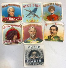 7 Vintage Original Cigar Box Labels Old Hickory Blue Bird Julia Marlowe Elsie A1 picture