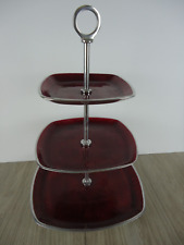 Simply Designz 3 Tiered Serving Tray Cake Stand Red Enamel on Silver Metal MCM picture