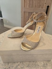 Jimmy Choo Gold Glitter Open Toe Ankle Strap Buckle Stiletto Heels EU39 (US 8.5) picture