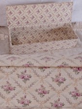Autique French Fabric Box Floral Beige Pink Rose & Bow Motif Vintage 1940s picture