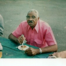 c1970s African American Senior Men Outdoor Kodak Instant Photo Park Table Cake picture