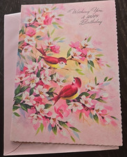 Vintage Birthday Greeting Card with Birds & Glitter - Unused picture