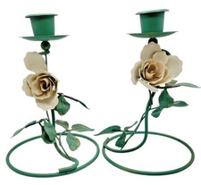 Vintage Green and Cream Toleware Tole Rose Metal Candle Holder Candlesticks Pair picture