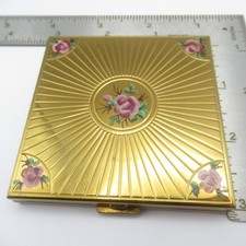 Volupte Compact Vintage Painted Roses Carved Brass Metal picture