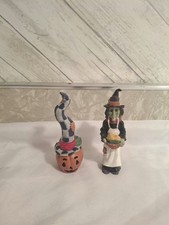 Vintage Style Halloween Figurines Witch & Pumpkin with Checkered Hat Lot of 2 picture