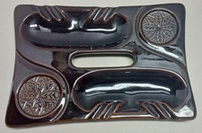 Vintage MCM “Sip & Smoke” Ashtray Brown Ceramic 2‑Drink 2‑Cigarette Tray picture