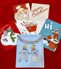 Lot Of 6 Vtg Christmas Cards Glitter Puppies Angels Sexy Snow Lady On Chimney picture