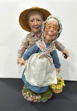 Elderly Couple Figurine w/ Straw Hat, Glasses & Flower Basket, Multicolor 12in picture