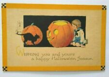 Halloween Postcard Gibson Checkered Corners Black Cat And Child Original 1920 picture